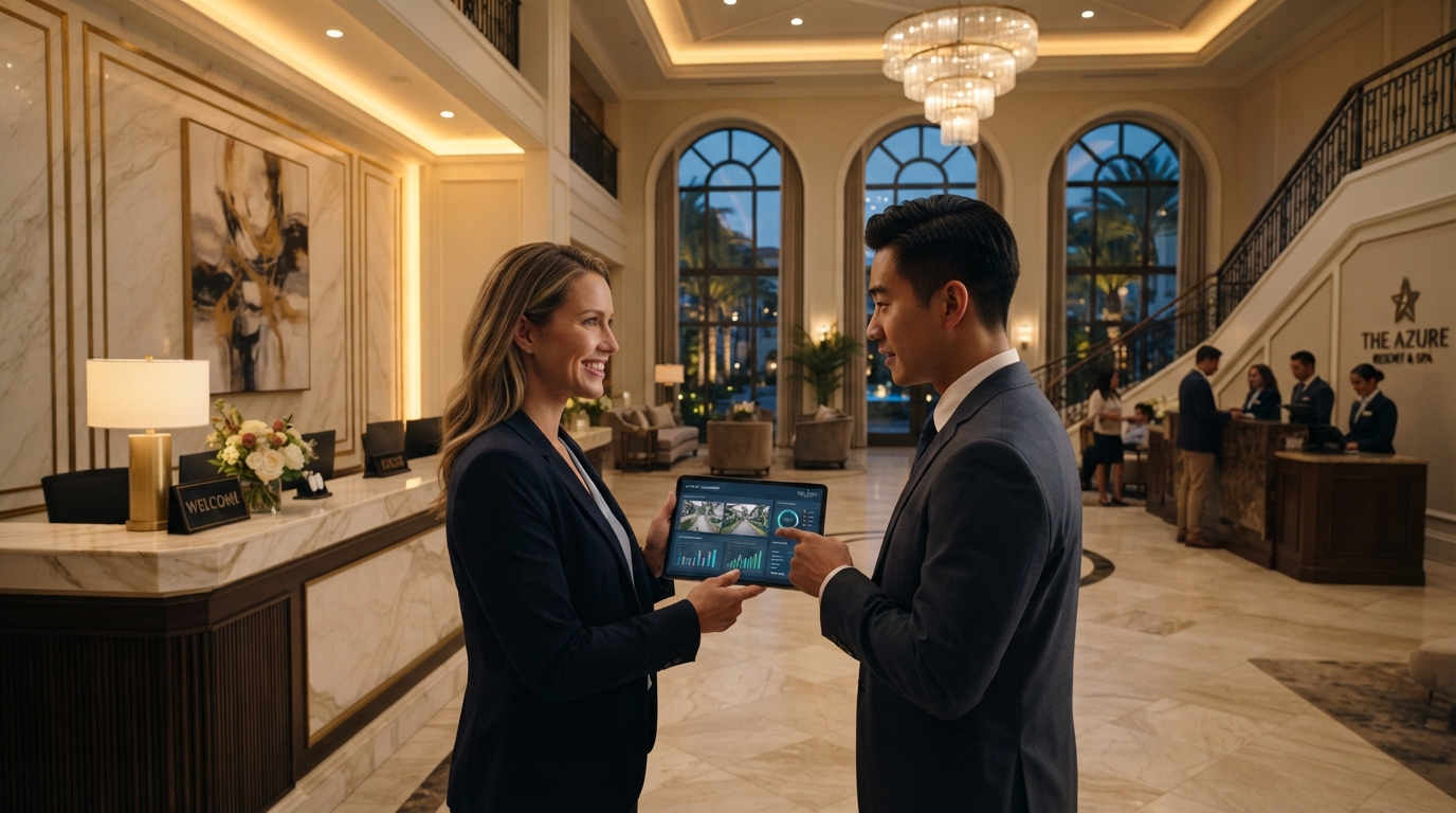 Recepção de hotel com gestor revisando indicadores de segurança digital em um tablet
